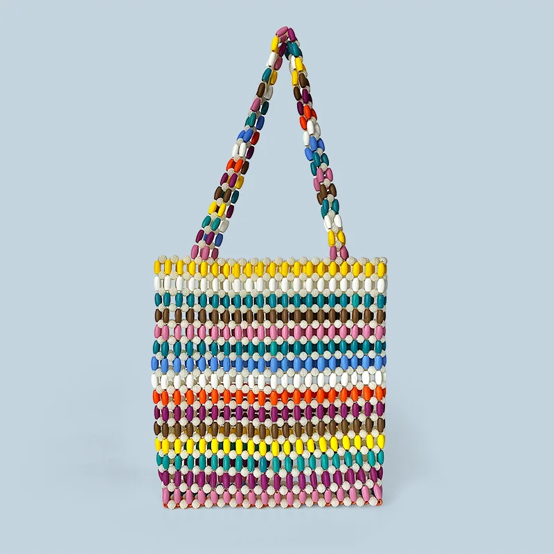 

24 year autumn new wooden bead bag with colorful stripes, niche vacation ins, internet famous bead handmade women's bag