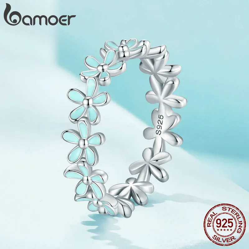 Bamoer 925 Sterling Silver Small Blue Wreath Finger Ring Enamel Flower Ring for Women Valentine's Day Gift Romantic Fine Jewelry