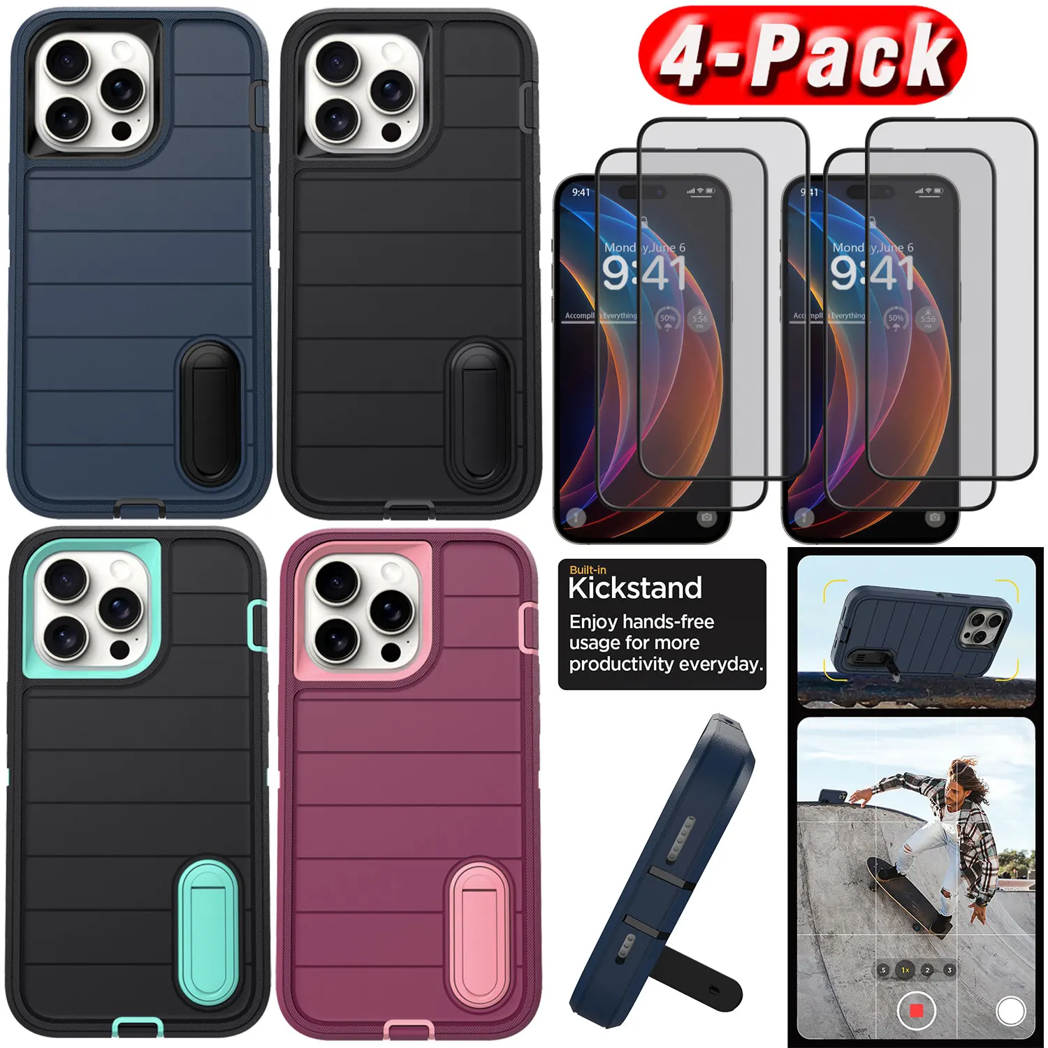

For iPhone 14/14 Pro/14 Pro Max/14 Plus Kickstand Holder Case Shockproof Phone Cover +4PCS Clear Tempered Glass Screen Protector