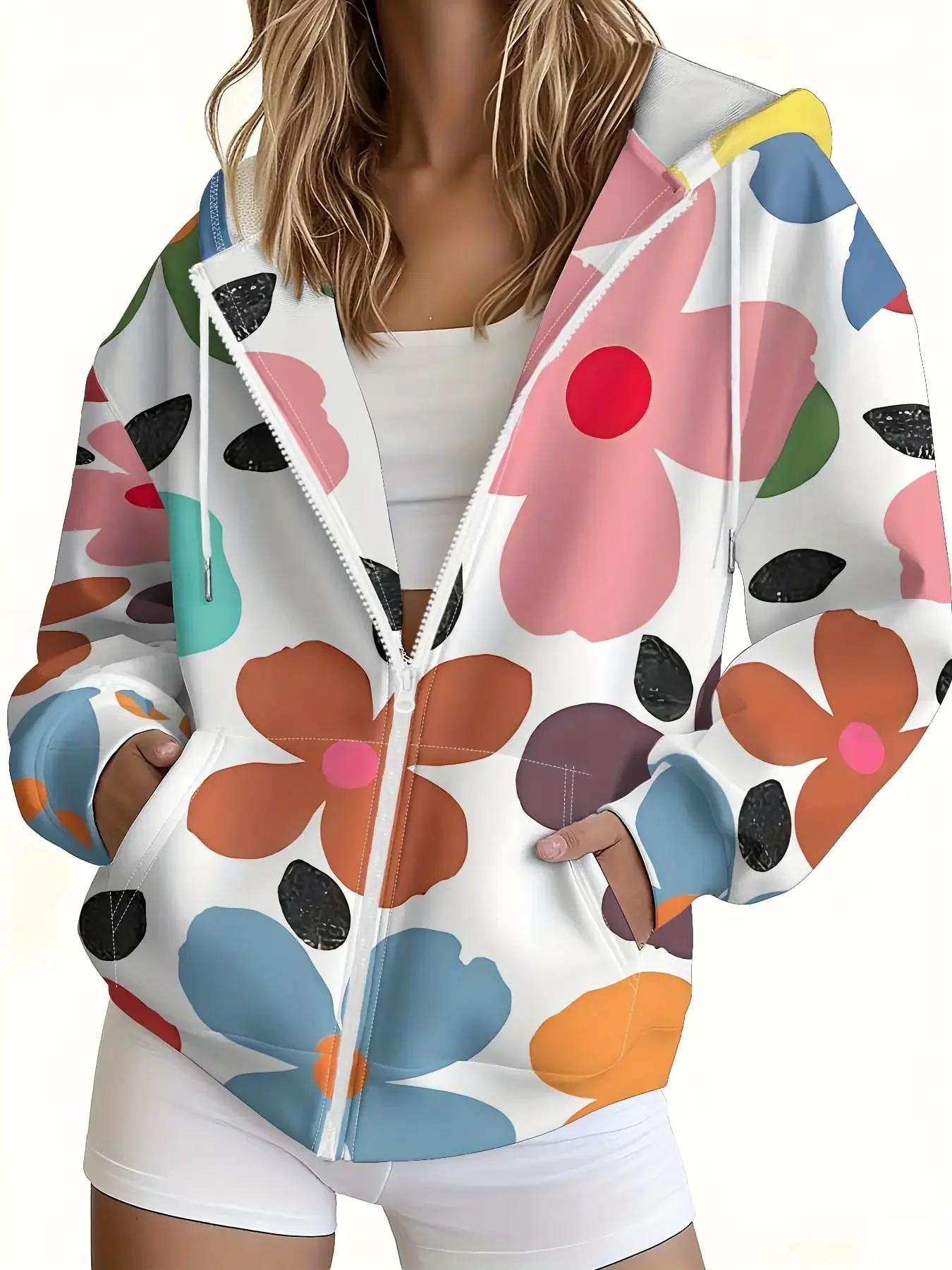 

Ladies' Elegant Color Contrast Zipper Hoodie - Soft Elastic Long Sleeve Hoodie,