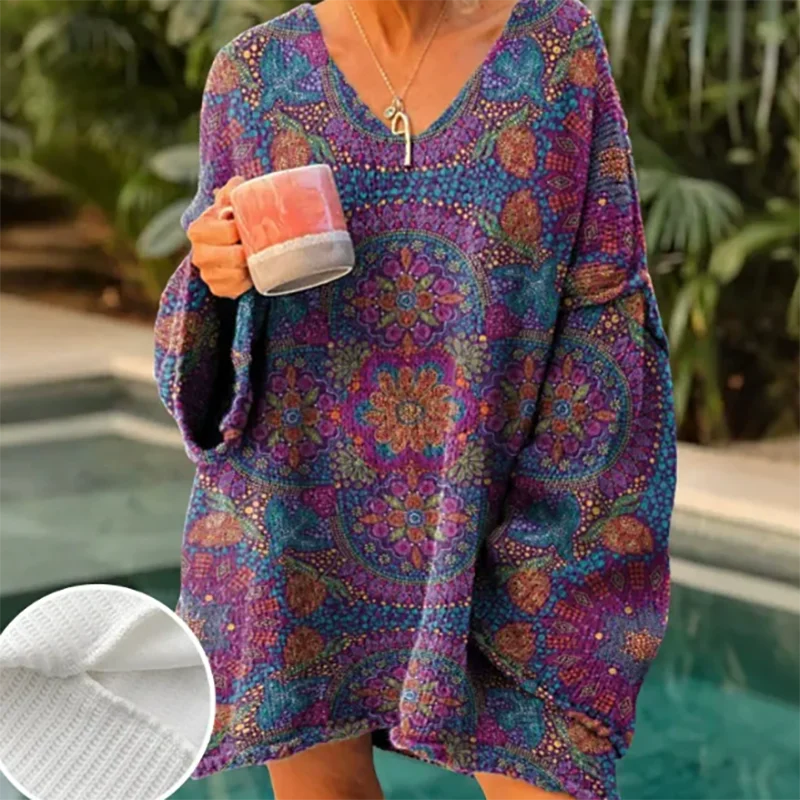

Autumn Winter New Long Sleeve Loose Sweater Elegant Lady V-neck Floral Printed Knitted Pullovers Casual All Match Commute Jumper
