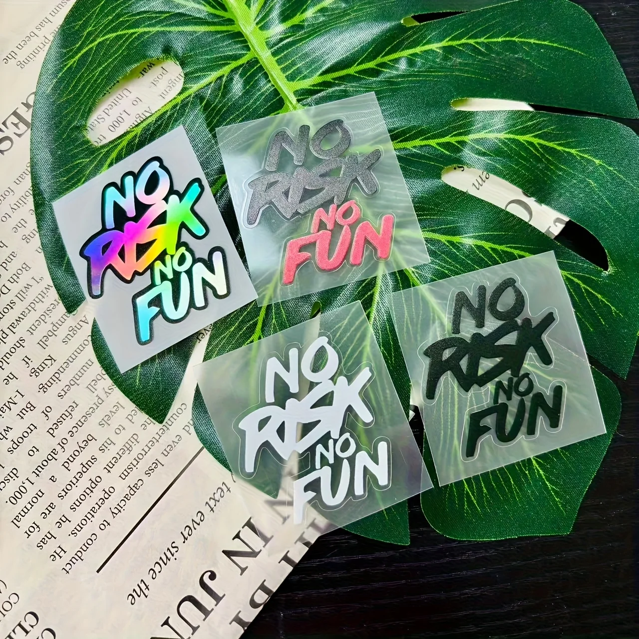 

2Pcs/set "No Risk No Fun" Motorcycle Stickers Waterproof Vinyl Decals for Helmet Fuel Tank Scooter Bike Decor