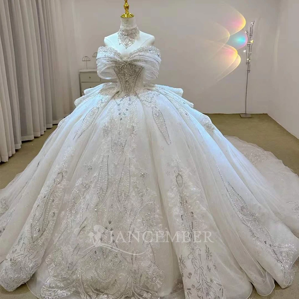 تخصيص الكرة بثوب قصير الأكمام فساتين الزفاف حزب فساتين السهرة الأبيض أنيقة مطرز أثواب الزفاف Fساتين الحفلة #1