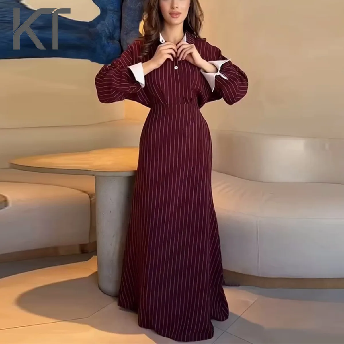 

KT Elegant Modest Burgundy Pinstripe Maxi Dress for Women Contrast Collar Puff Sleeve High Waist Abaya Daily & Formal Dresses