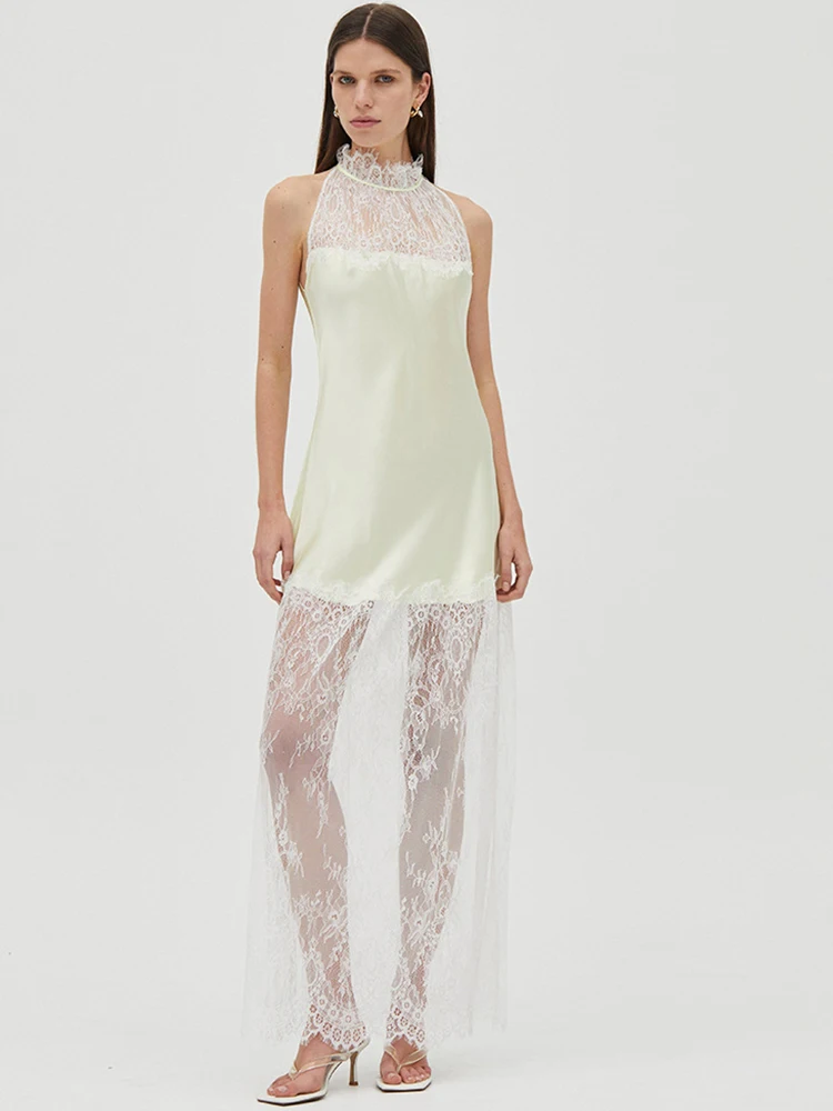 

JULISSA MO Turtleneck Patchwork See Through Lace Women Maxi Dress Sleeveless Print Dress Summer Slim Elegant Party Evening Dress