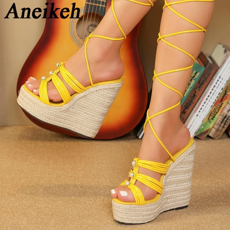 Aneikeh 2025 PU Narrow Band Pearl Decorative Lace-up Sandals Women's Fashion Sexy Platform Braid Wedges Shoes Party Club Zapatos