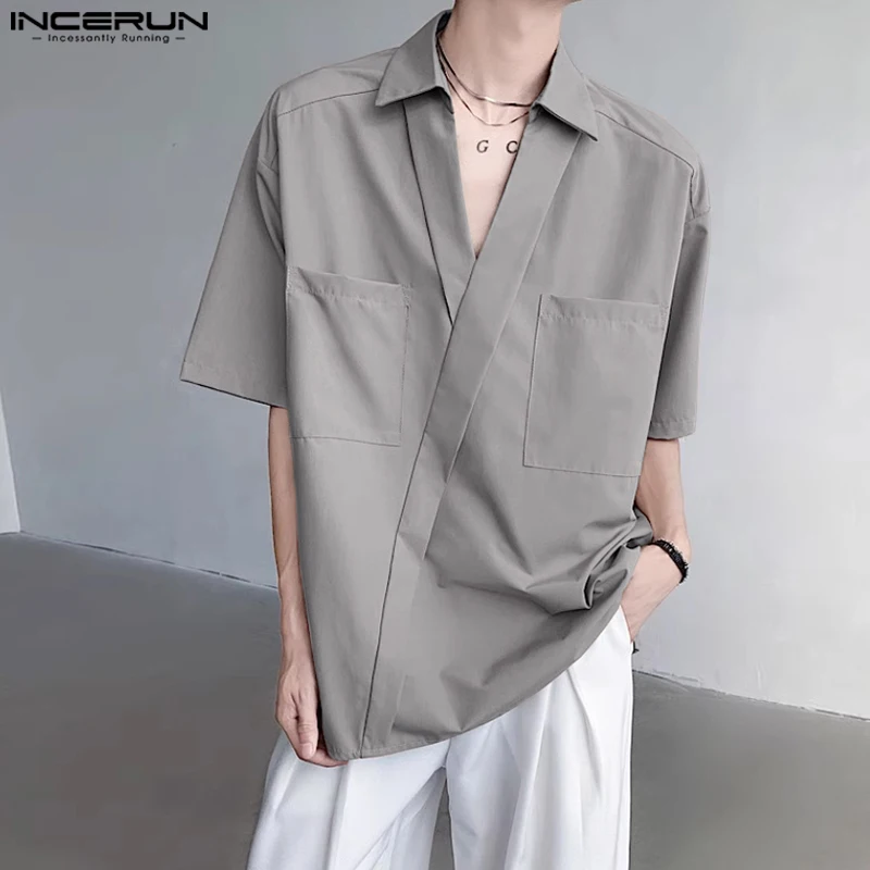 

2024 Men Shirt Solid Color Lapel Short Sleeve Streetwear Summer Pockets Men Clothing Korean Style Fashion Shirts S-5XL INCERUN