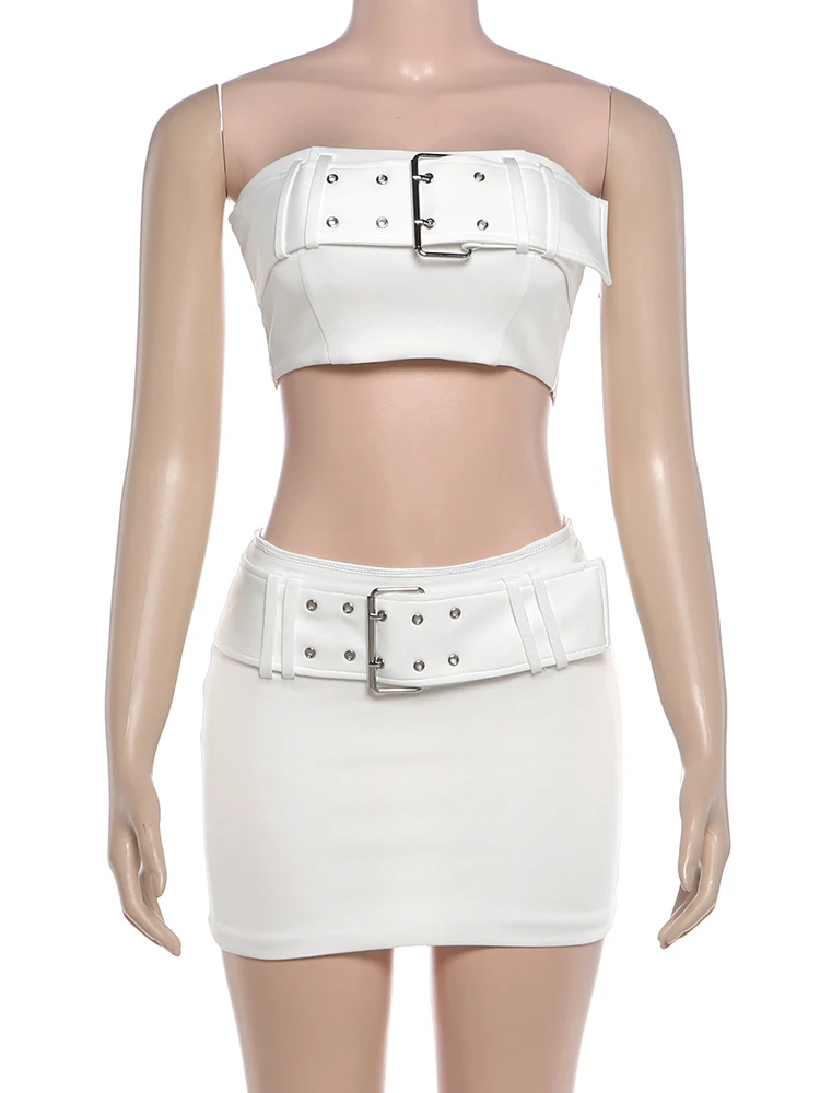 Weird Puss Metallschnalle 2-teiliges Set Damen Sexy Einfaches Crop Tank Top + Mini Pfirsich-Hüftrock Hottie Midnight Street Party Anzüge – Detail 4