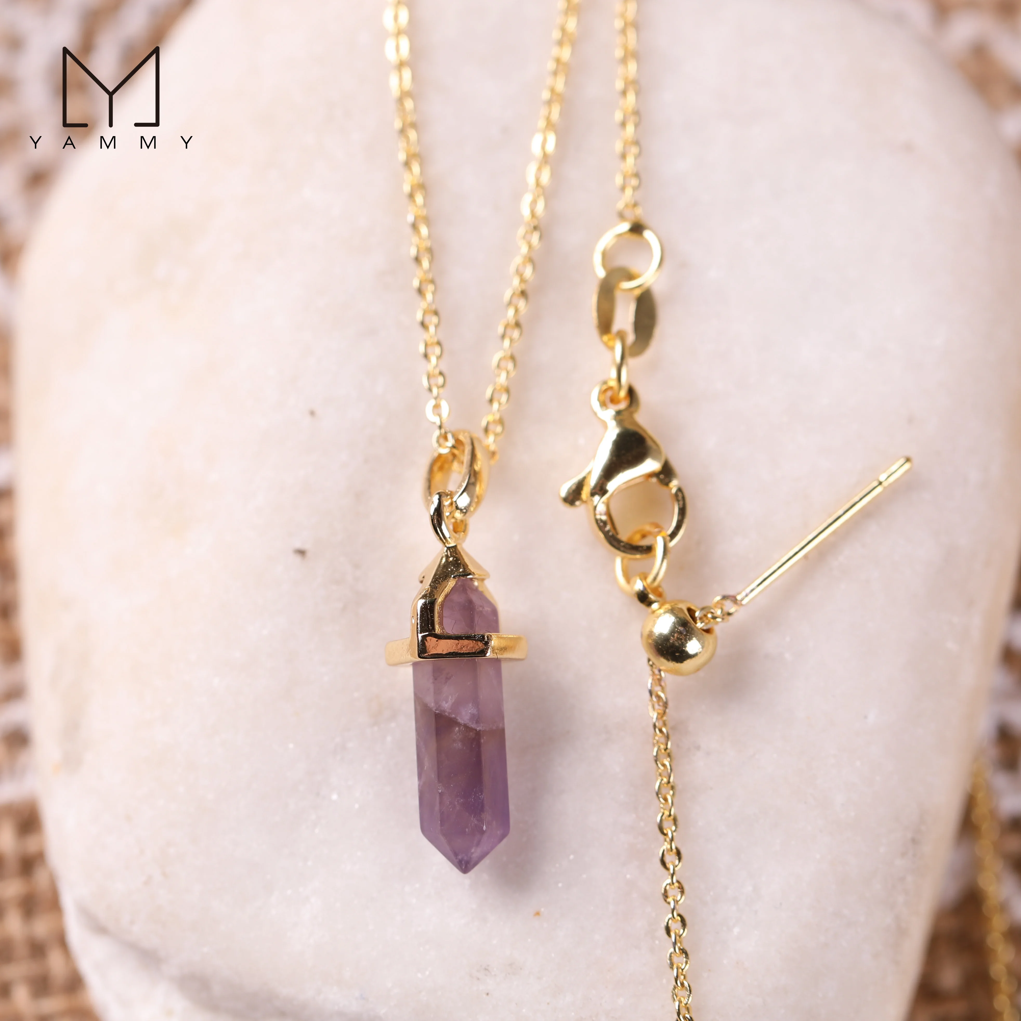 Yammy Mini Crystal Point Pendant Chain Necklace,Healing Crystal Quartz Amethyst Lapis Stone Bullet Pendulum Chakra Jewelry