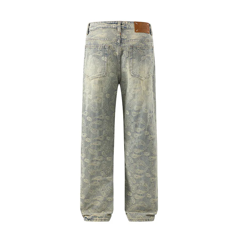 Jeans da uomo di moda di strada Jeans strappati larghi blu lavati retrò pantaloni dritti da uomo pantaloni in Denim Hip Hop firmati Jacquard