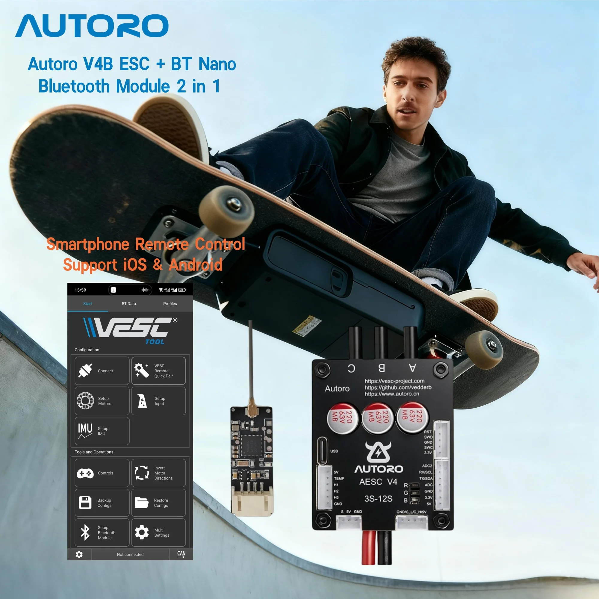 Autoro V4B ESC W Bluetooth BLDC FOC Motor Controller 12S 50A VESC 4 Controller for DIY Electric Skateboard Scooter Ebike Offroad