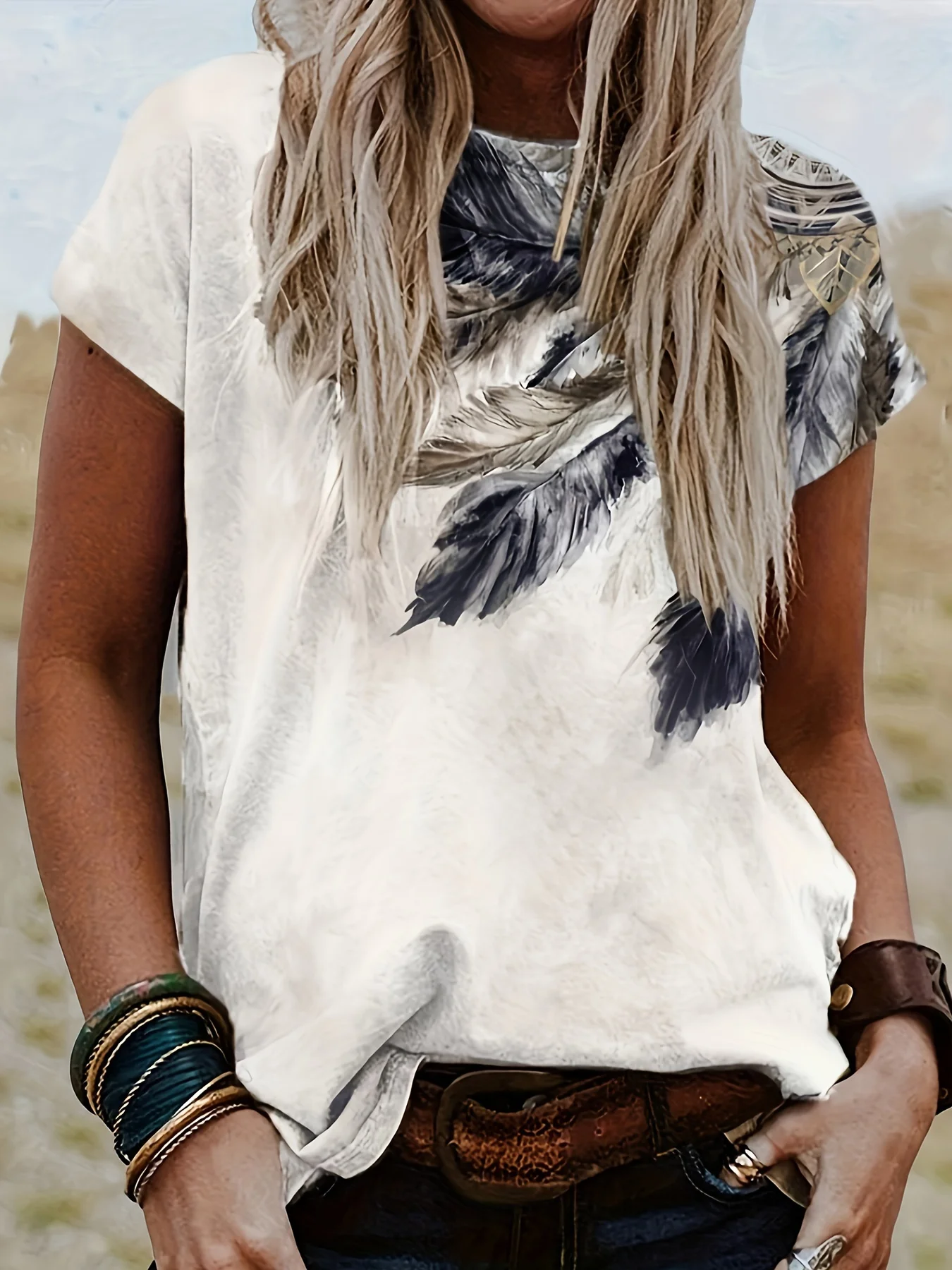 تي شيرت نسائي بأكمام قصيرة مطبوع على الطراز الغربي كاجوال برقبة دائرية ومطبوع بأكمام قصيرة #1