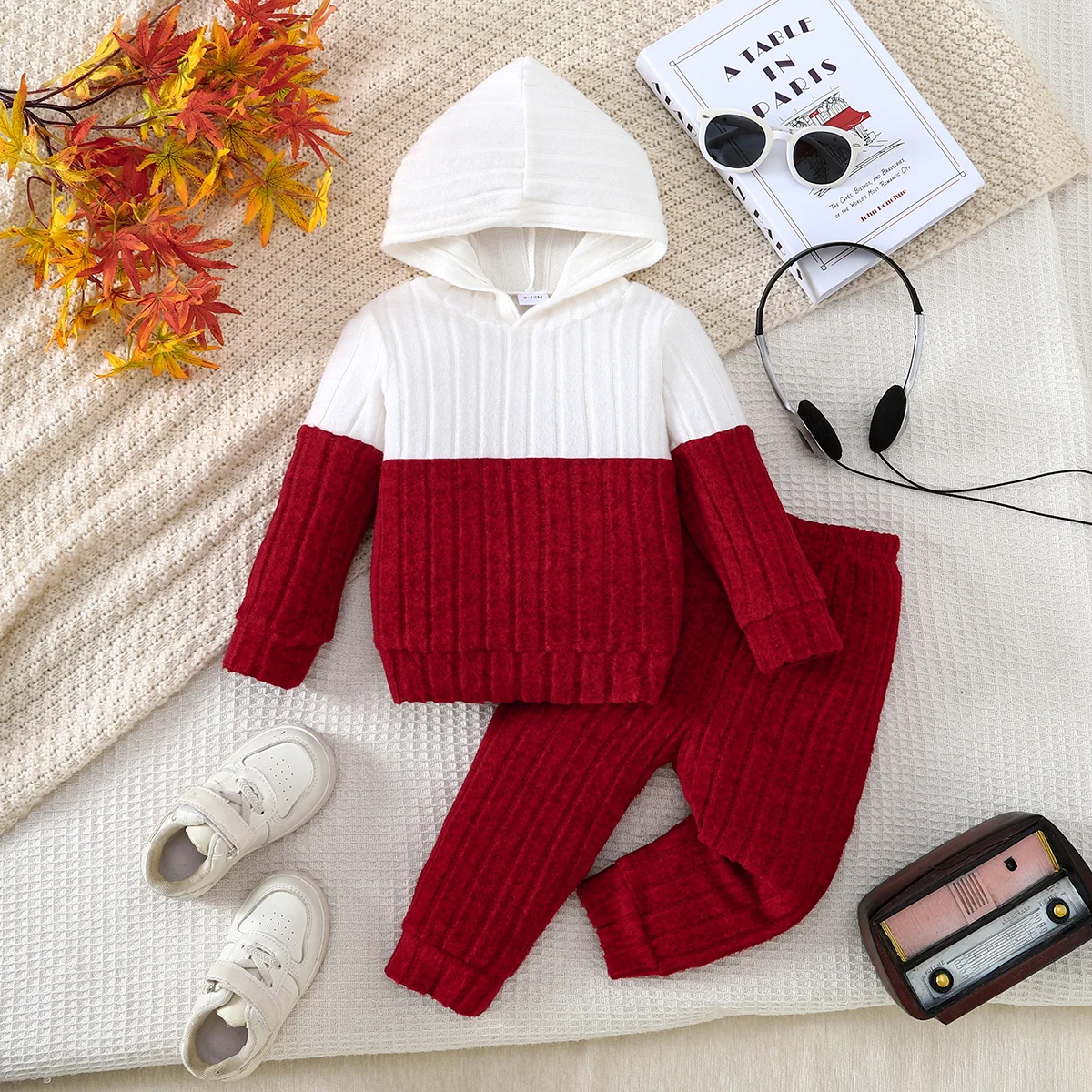 conjunto-de-moletom-infantil-com-capuz-bloco-de-cores-casual-retro-vermelho-branco-malha-macia-quente-cintura-elastica-calcas-compridas-roupa-de-duas-pecas