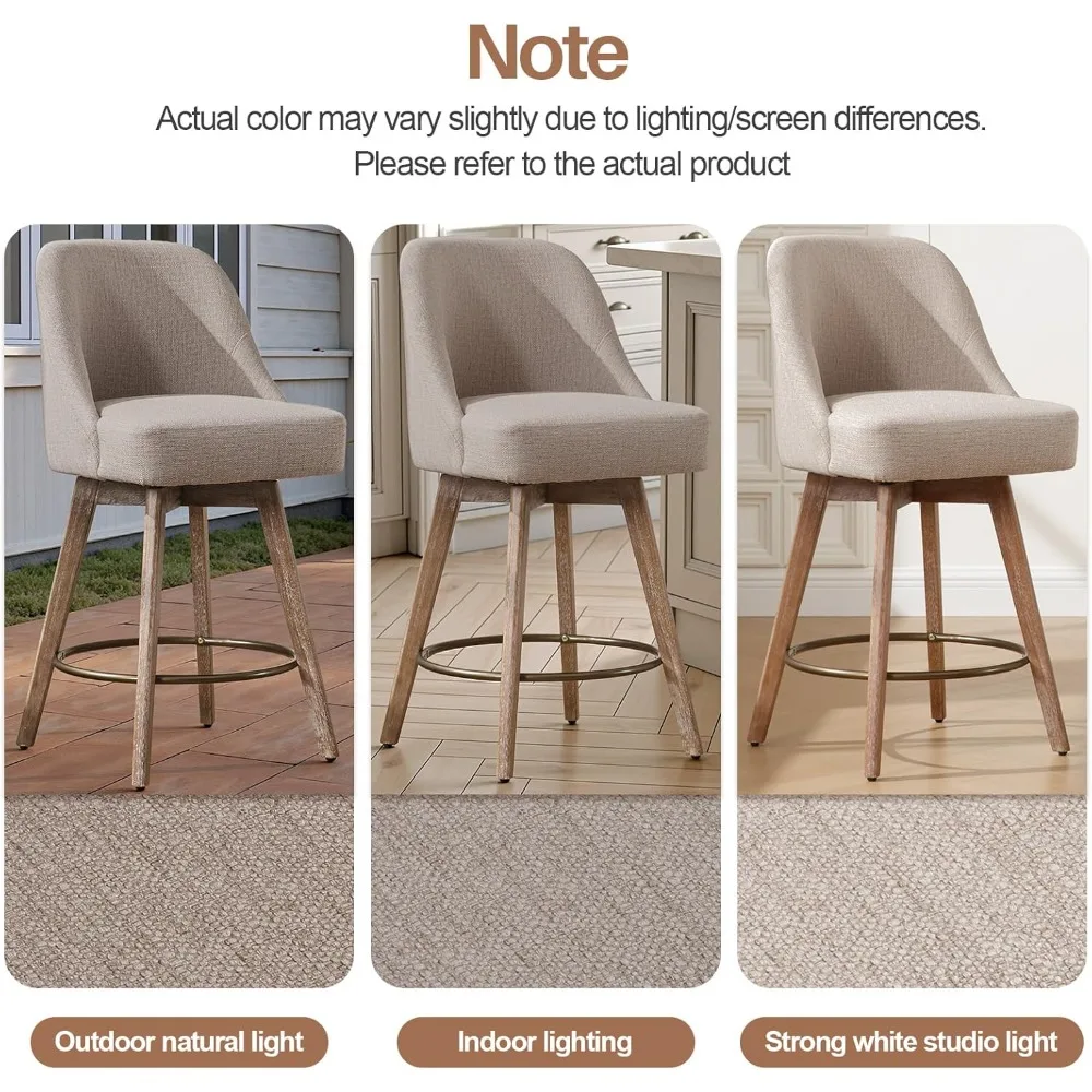 Counter Height Bar Stools Set,Modern Mid-Century Swivel Barstools with Backs and Wood Legs,Linen Fabric Upholstered Chairs