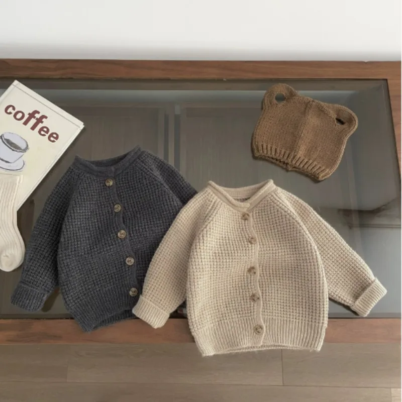 

2025 Autumn New Children Long Sleeve Sweater Coat Solid Kids Boys Girls Solid Knit Cardigan Baby Cotton Sweater Jacket