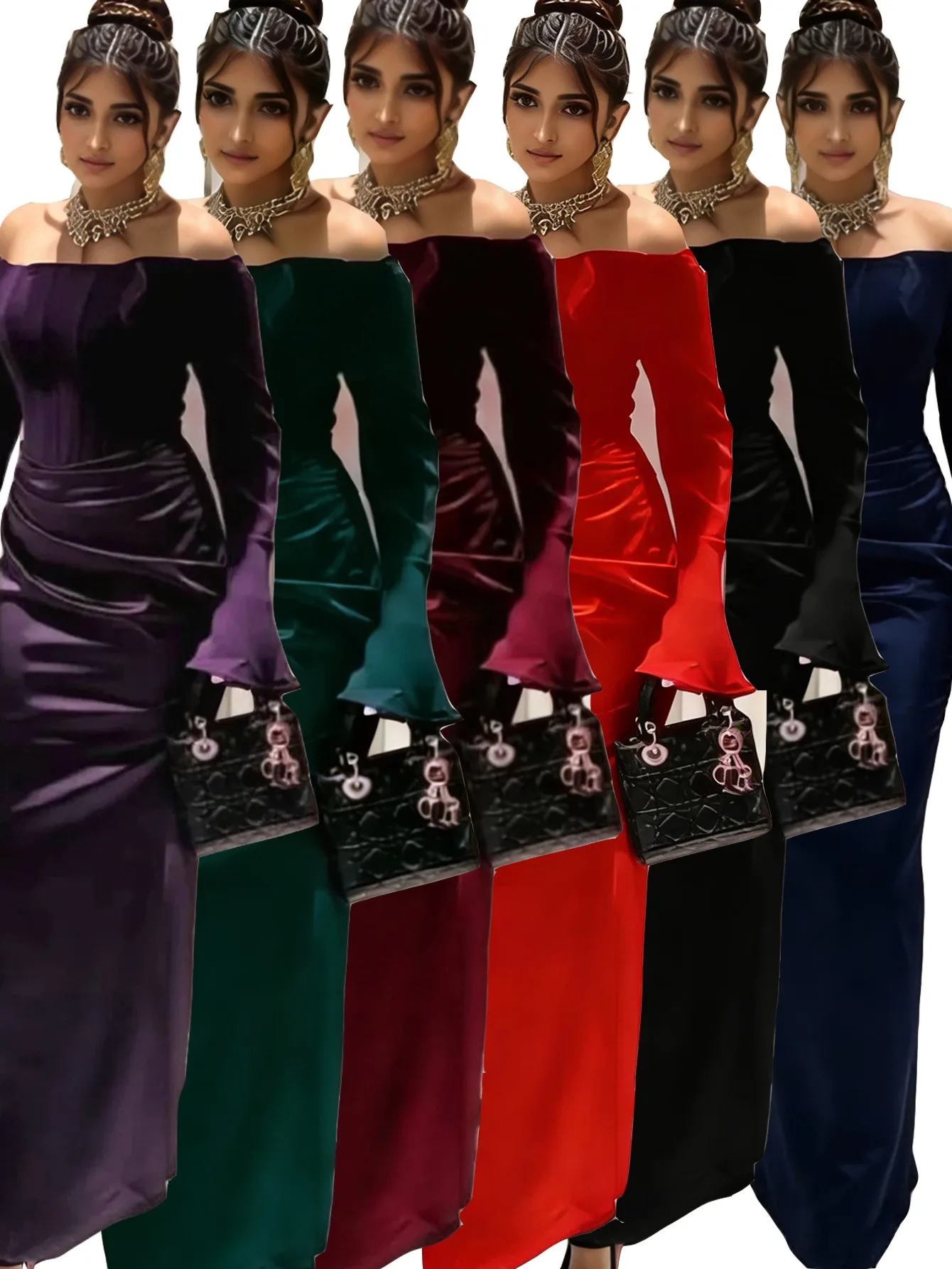 

Winter Women's Clothing Luxury Party Dress Evening Gown For Satin High Waist Maxi Prom Dress Back Long Sleeve