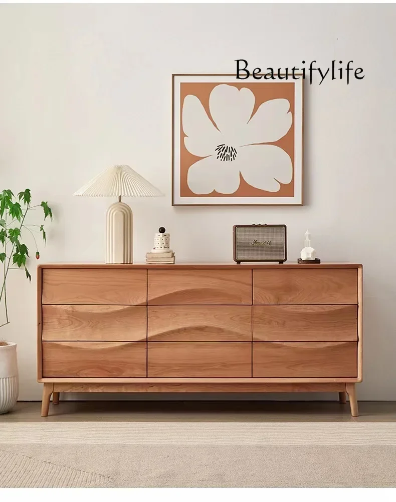

c X Nordic Black Walnut Nine Chest Cabinet Simple Cherry Wood Bedroom Locker Japanese Wave Storage