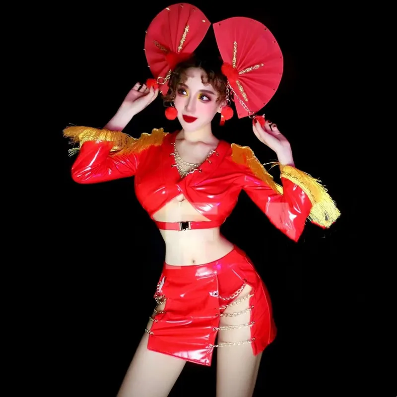 Traje de baile Gogo para fiesta y Bar, DJ, cantante, bailarina, ropa de escenario Sexy, cuero PU rojo, borla dorada, trajes Rave, ropa de actuación
