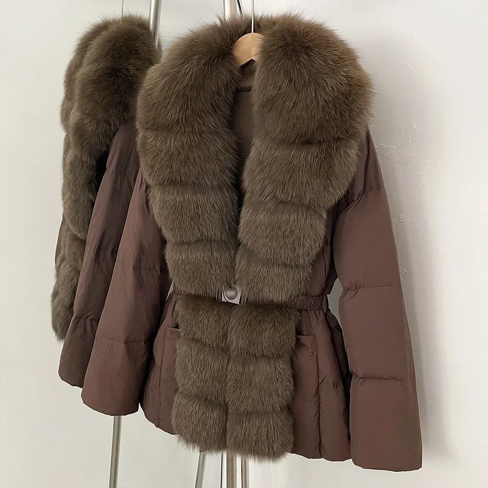 Piumino da donna in pelliccia di volpe naturale di lusso con collo in pelliccia di volpe, piumino casual Parka 2025 enorme piumino in piumino d'anatra bianca