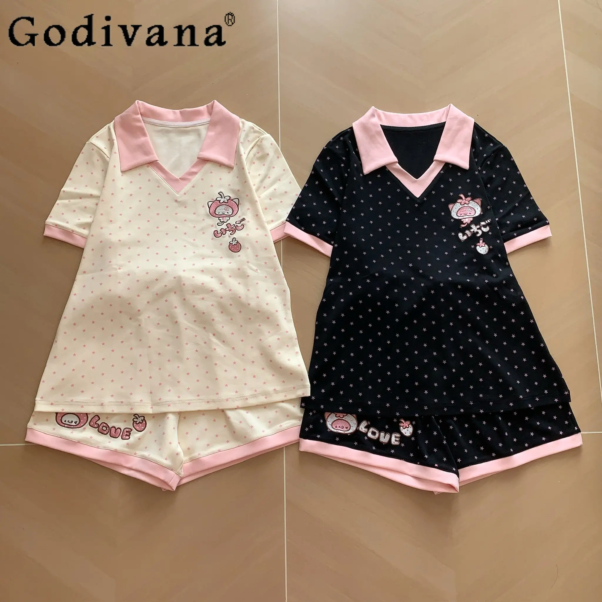 

Original Japanese Girl's Cute Shorts Set Summer New Kawaii Clothing Polka Dot Short-sleeved Top T-shirt Shorts 2-piece Set Women