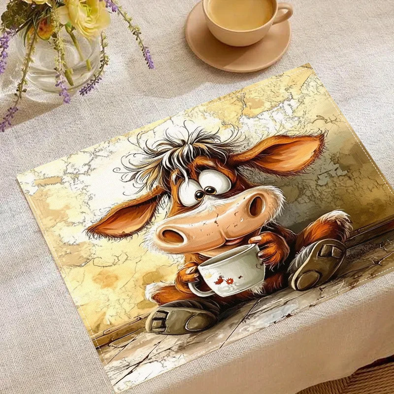 Placemats Set - Adorable Cow Tea Time  Suitable for Kitchen and Dining Room Decor Home Decoration Family Dinner Table Part