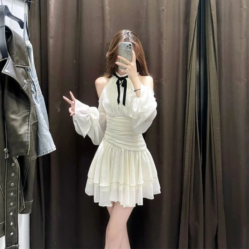 Summer Elegant Dresses Women Korean Fashion Off Shoulder Hanging Neck Dress New Holiday Fairy Slim Princess Vestidos Chic