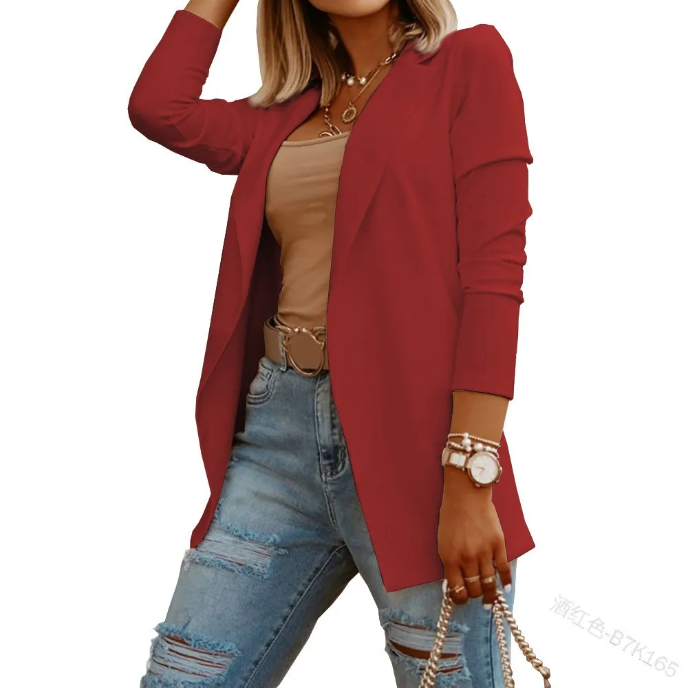Women Blazer Long Sleeve Burgundy Blazers Notched Collar Pastel Pink Suit Jacket Mid Length Cropped Blazer Cream White Solid
