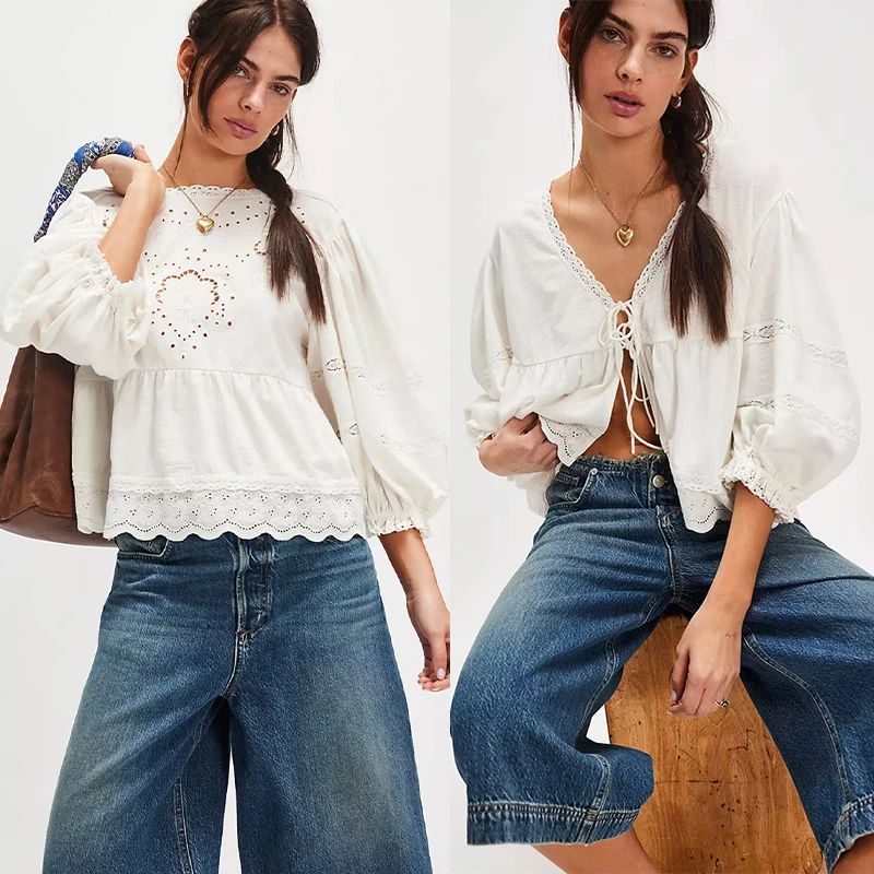 

Double-Sided Wear Loose Lantern Sleeve Embroidered Backless Court Style Shirt Cotton Bubble Sleeve Short Length Women's Shirt