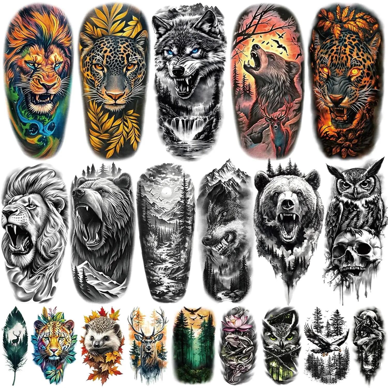 

77 Sheets Temporary Tattoos, 17 Sheets Half Arm Wolf Lion Tiger Bear Leopard Fake Tattoos for Adults