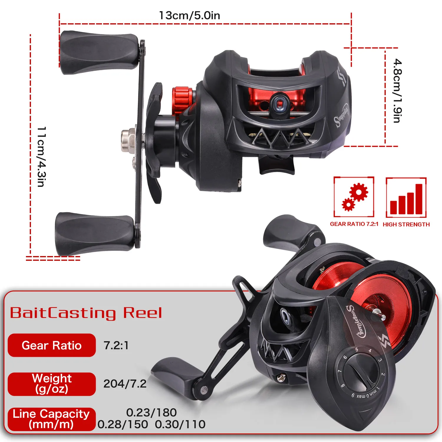 Sougayilang Baitcasting Reel Magnetic Braking System 7.2:1 Gear Ratio Aluminum Spool 8KG Max Drag Freshwater Fishing Coil