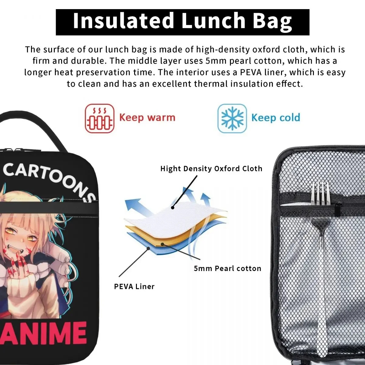 Himiko Toga It\'s Not Cartoons It\'s Anime Insulated Lunch Tote Bag BNHA My Hero Academia Resuable Thermal Cooler Food Lunch Box