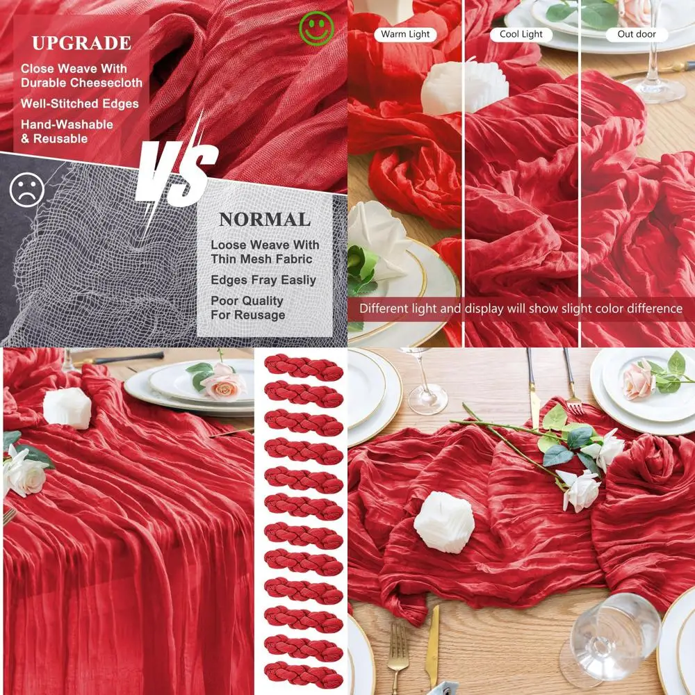

Red 12-Pack 10FT Long Rustic Gauze Table Runners for Christmas, Thanksgiving, Weddings, and More