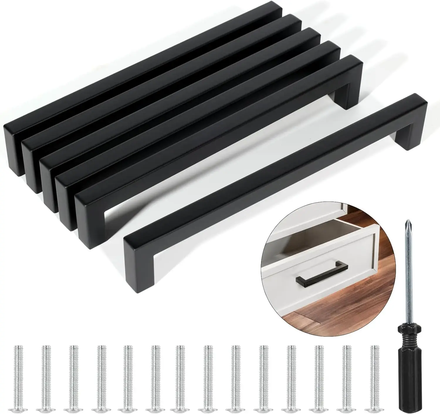 

6pcs Kitchen Cabinet Handles Stainless Steel Square Furniture Hardware Black Cabinet Handle Cupboard Wardrobe Drawer Pulls