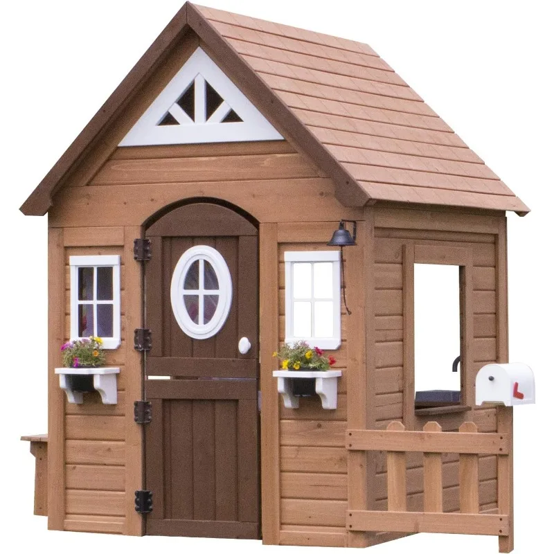 

Discovery Aspen Cedar Wooden Kids Playhouse Cottage with Play Kitchen, Snack Bar, Picnic Bench, Dinner Bell, Mailbox, D