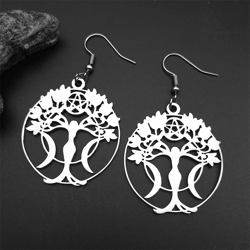 Witch Triple Moon Goddess Tree of Life Drop Earrings for Women Men Stainless Steel Silver Color Amulet  Star of David Jewelry