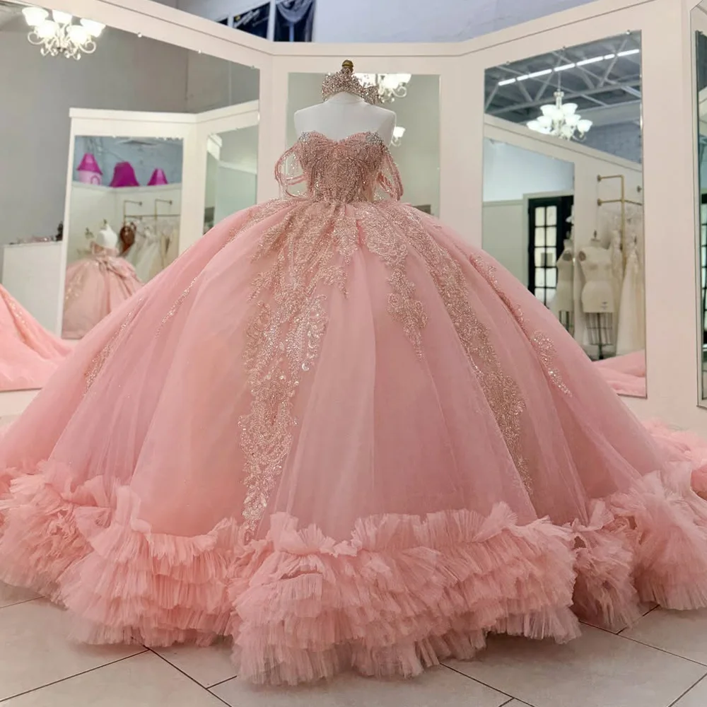 

Pink Princess Ball Gown Quinceanera Dresses Vestidos De 15 Anos XV Glittering Lace Train Birthday Party Customized
