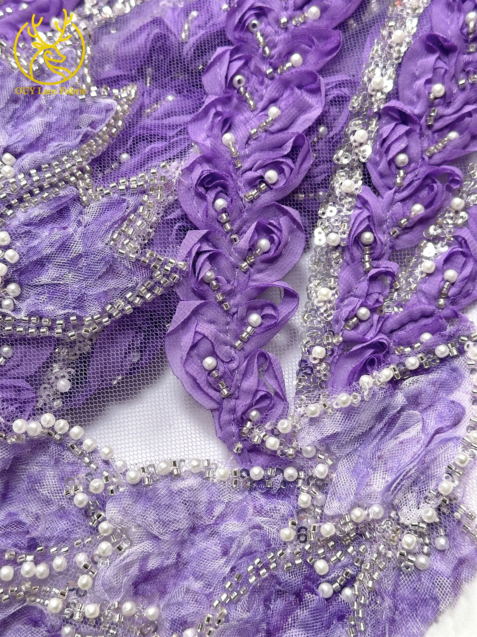 Französischer Luxus 3D-bestickter Perlen-Spitzenstoff, 5 Yards, eleganter afrikanischer nigerianischer Pailletten-Spitzenstoff für Damen, Hochzeits- und Partykleid – Detail 16