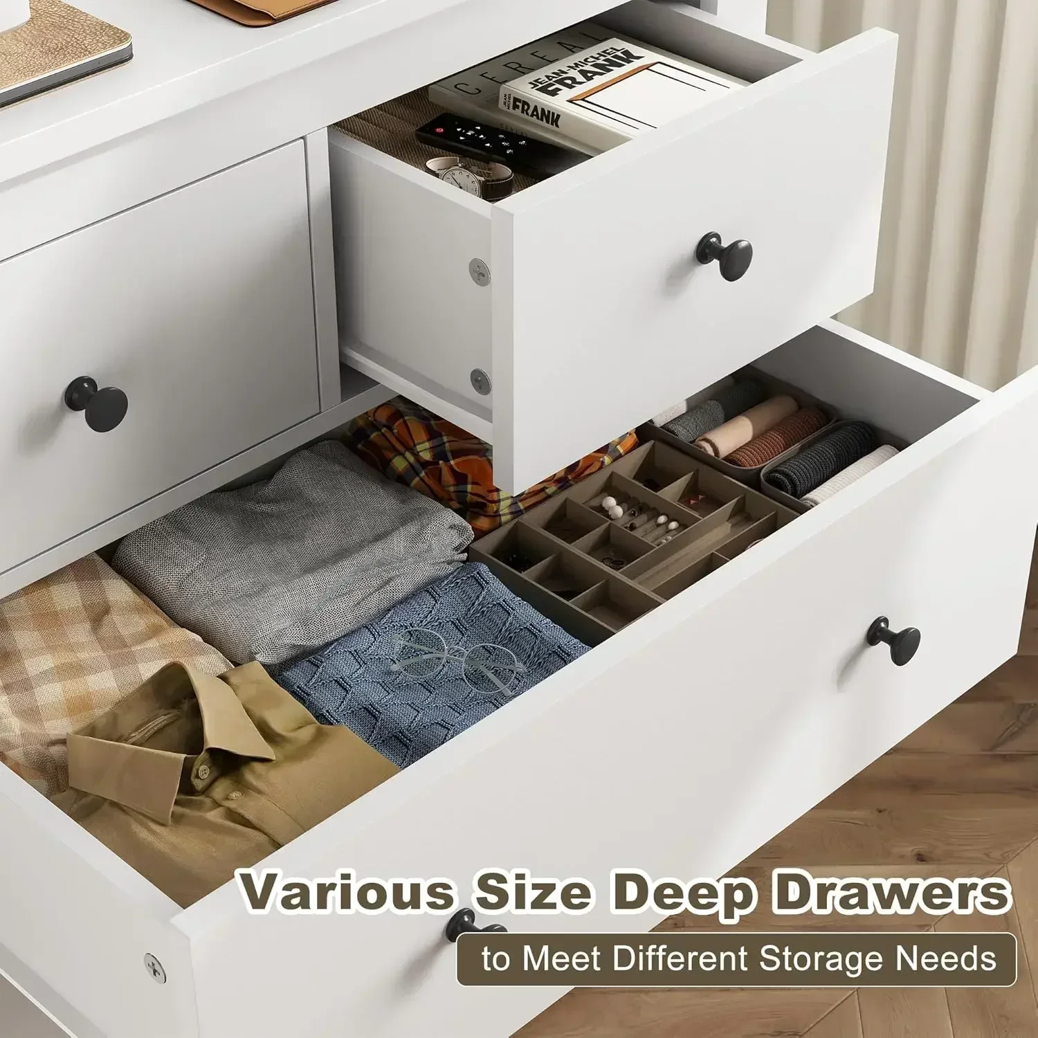 Xmsj-sale أبيض، خزانة ملابس لغرفة النوم مع 10 أدراج عميقة، حاجز معدني ناعم من الخشب، كبير وصدر O