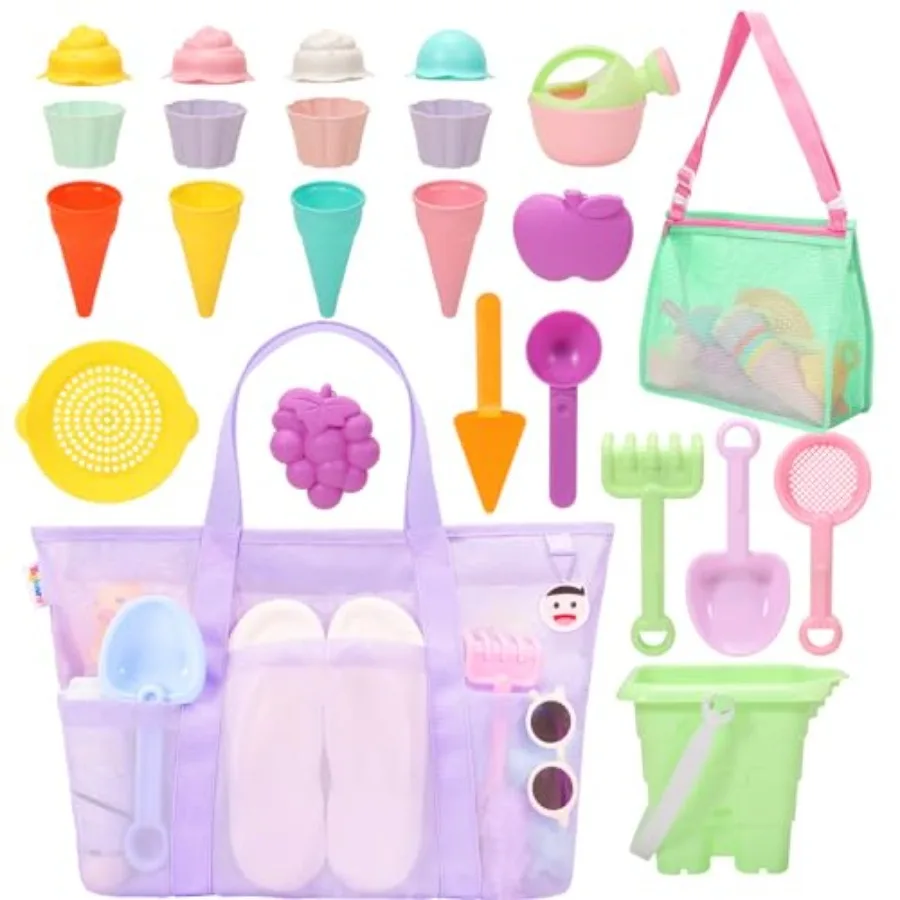 Jouets de plage pour et sac de plage en maille avec fermeture éclair, grand fourre-tout de plage avec 8 poches, rangement de jouets de sable, sac de piscine, accessoires de plage pour