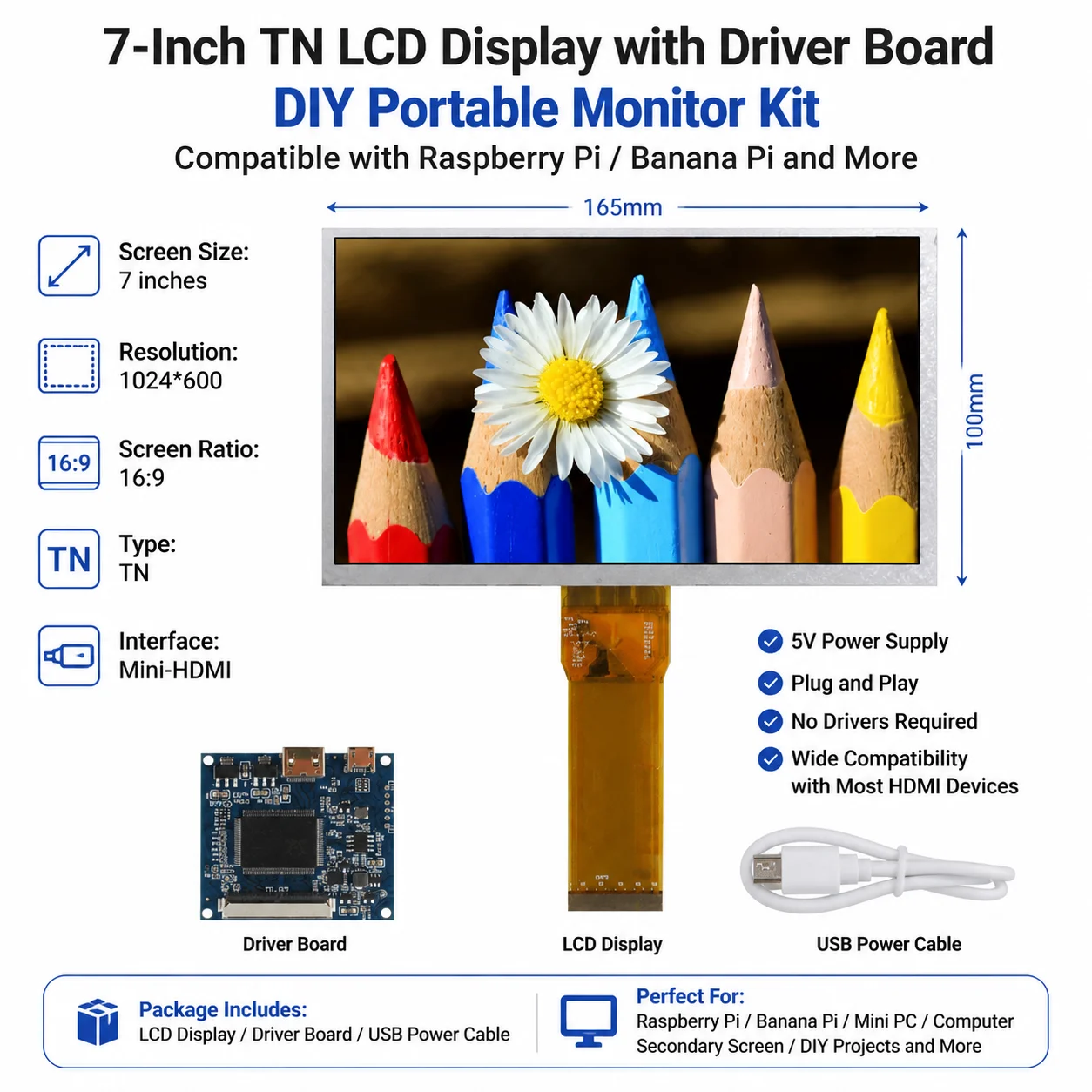 

7 Inch 1024*600 HD Screen Display LCD Monitor Driver Control Board Mini HDMI-Compatible For Raspberry Pi Banana Pi PC
