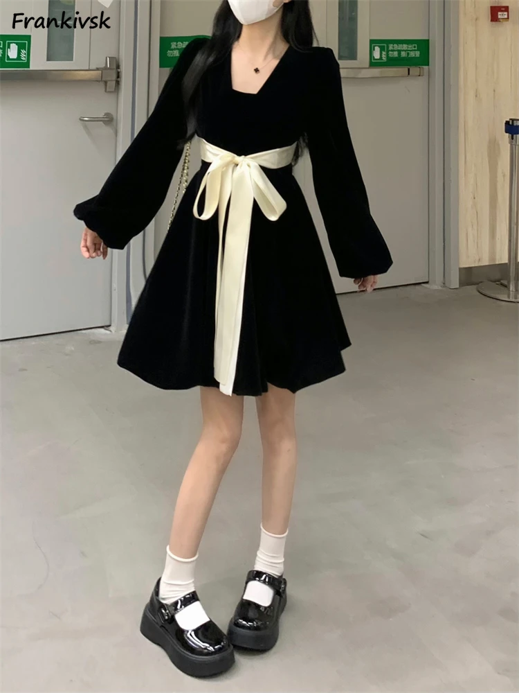 Vintage Black Dresses Women Elegant French Style Chic Spring Holiday Vestido Feminino Schoolgirls A-line Bow-design Lovely New