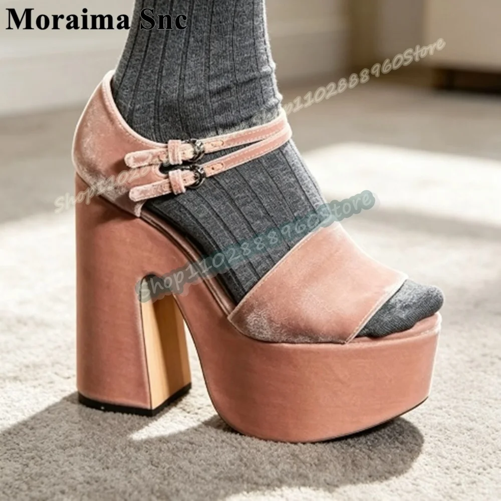 Luxury Pink Suede Thick Soled Platform Sandals Chunky High Heel Shoes For Women Ankle Buckle Strap Peep Toe Zapatos Para Mujere