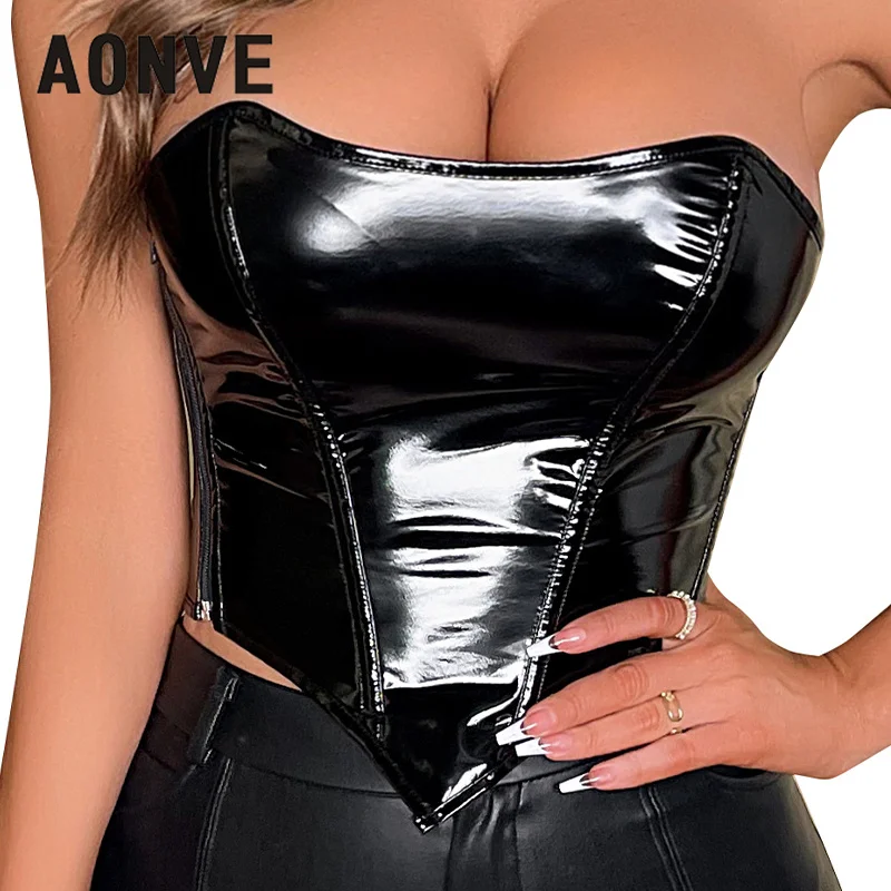 

Sexy Women PU leather Sexy Bustier Summer Street Style Clothes Top Off Shoulder Strapless Female Top Steampunk Corset