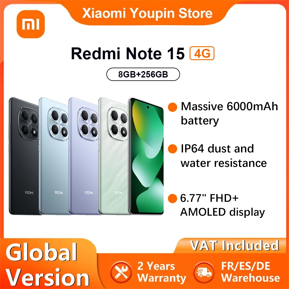 Versión Global Xiaomi Redmi Note 15 4G smartphone 6.77" FHD carga turbo de 33W 6000mAh cámara principal de 108MP IP64 Bluetooth 5.3 NFC