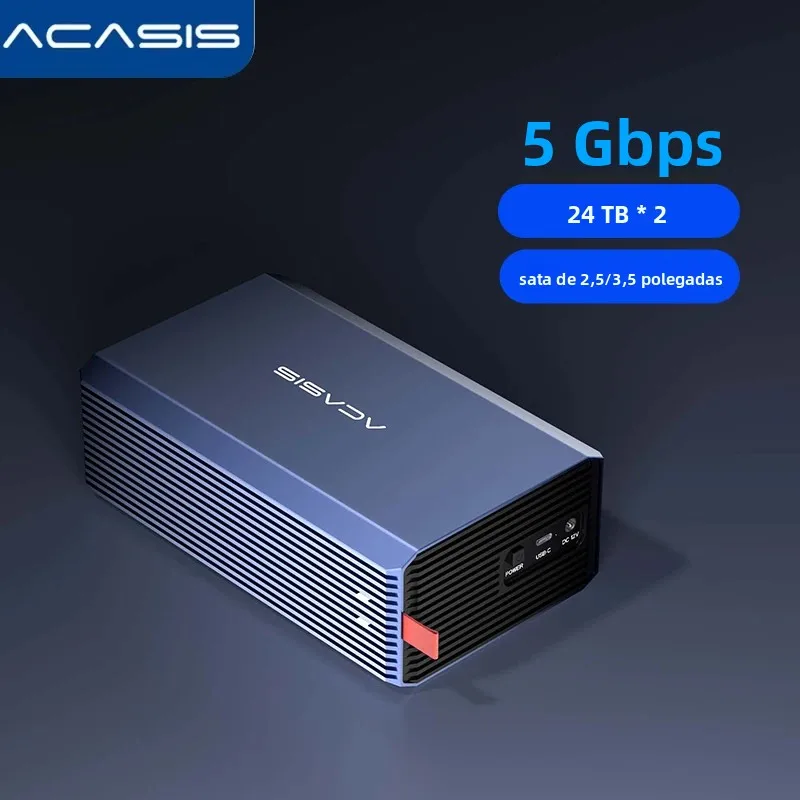 Gabinete Acasis USB 3.0 de duas baias | para HDD e SSD SATA de 3,5/2,5" | Gabinete com função RAID e ventoinha | Suporta armazenamento externo máximo de 48 TB