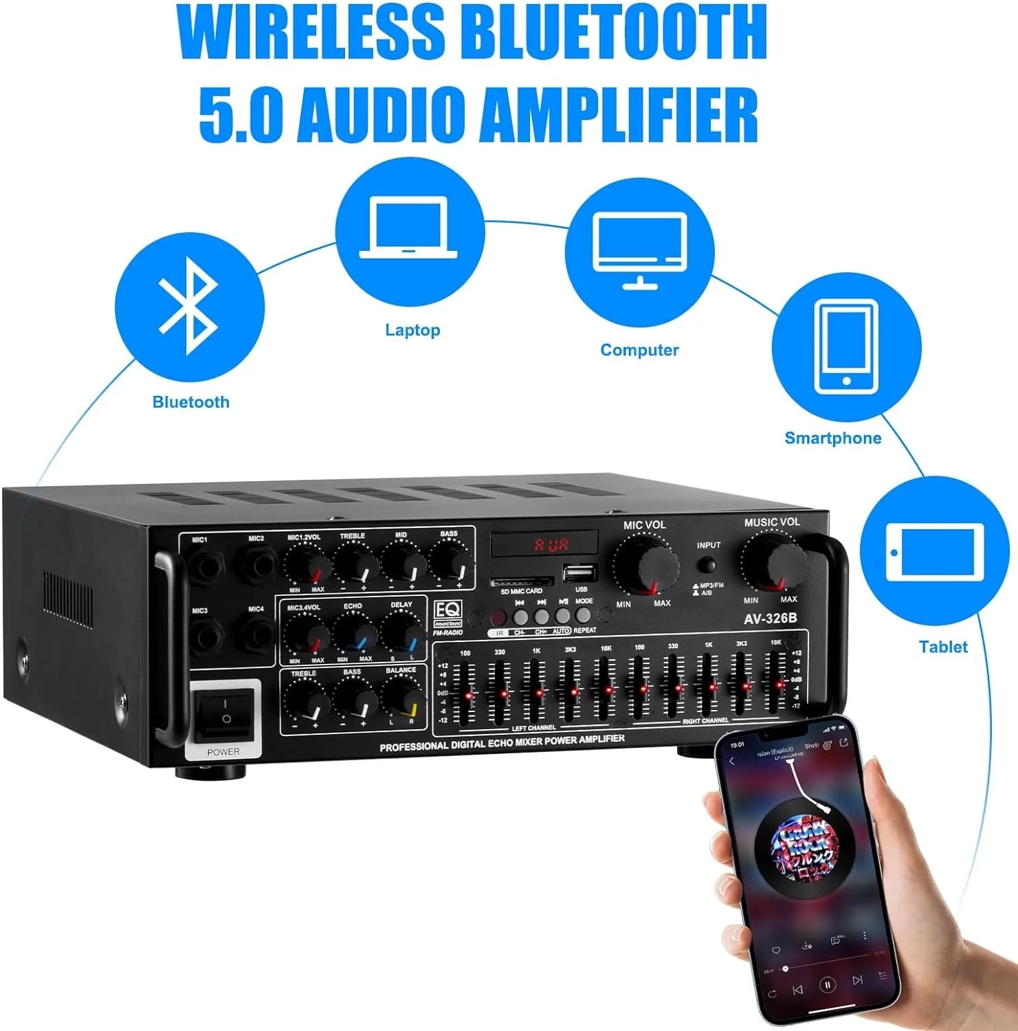 High Power Home Amplifier AV 12V/110V/220V 4 Channels Bluetooth 5.0 Equalizer Car Outdoor Karaoke Support USB/SD Card Playback