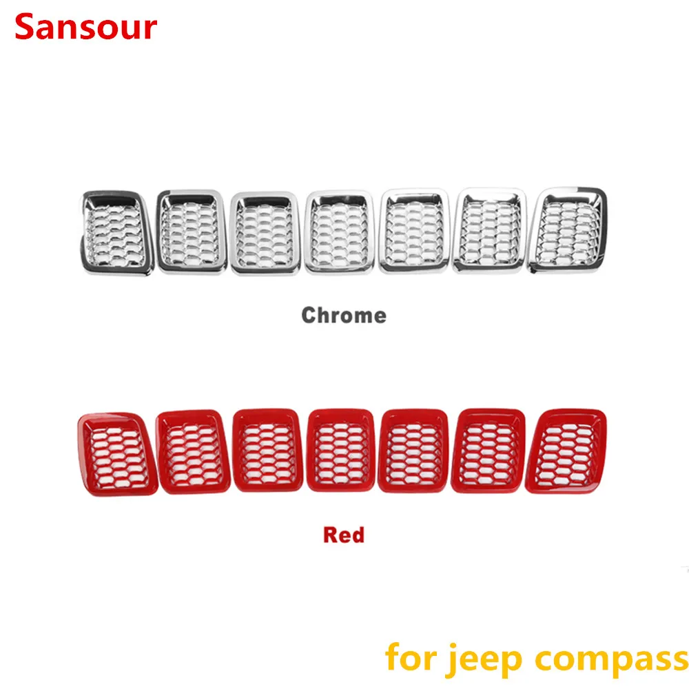 

Красная хромированная решетка для автомобиля Sansour из АБС-пластика, передняя решетка, декоративные наклейки для Jeep Compass 2017 +, аксессуары для автомобиля, Стайлинг