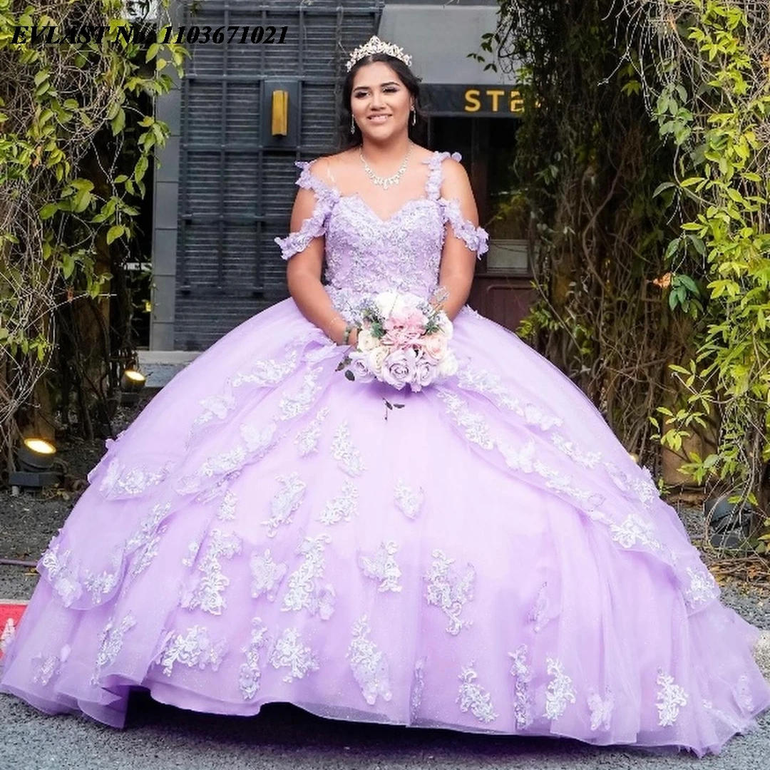 

EVLAST Mexican Lilac Quinceanera Dress Ball Gown 2024 Lace Applique Beading With Tiered Corset Sweet 16 Vestidos De Anos SQ364