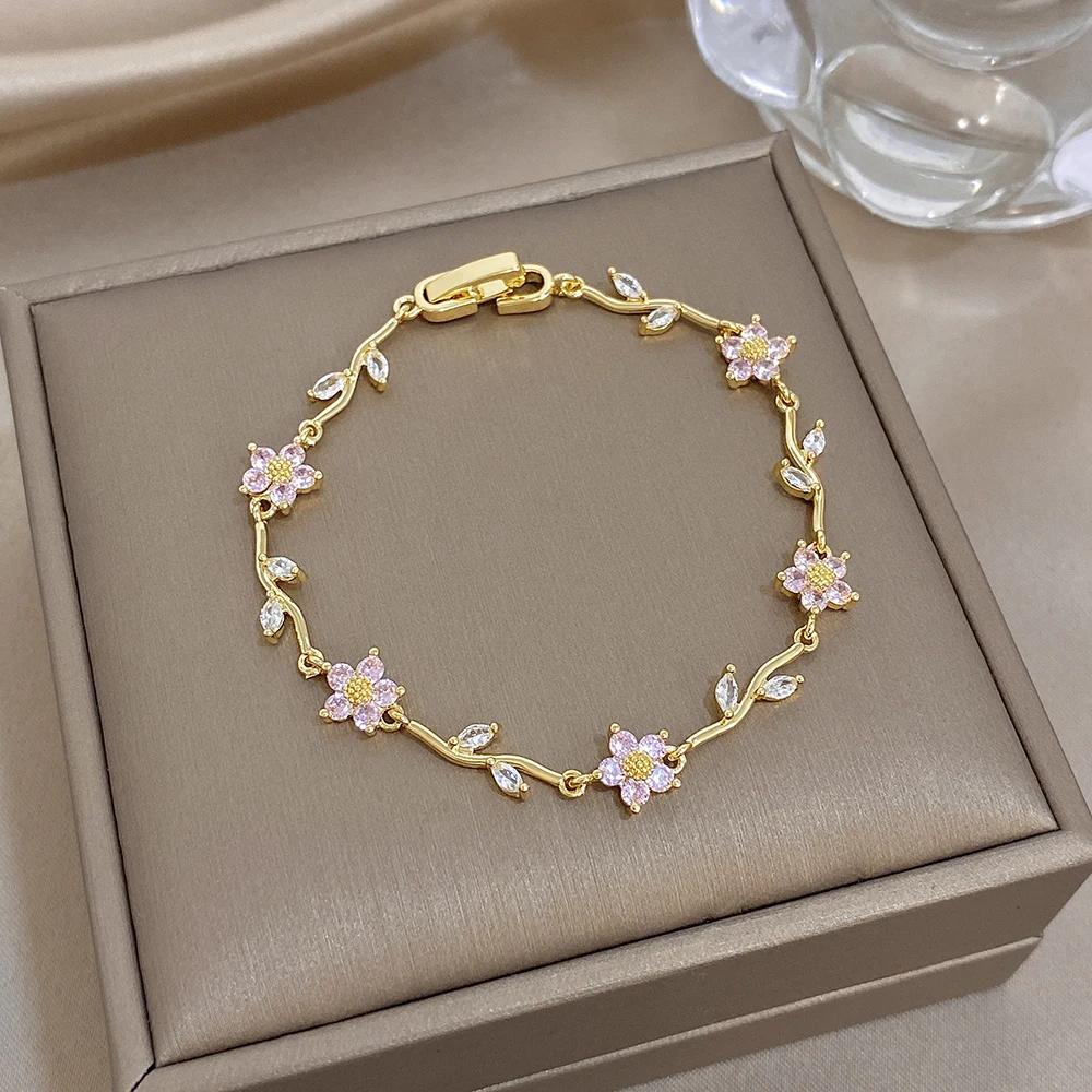 AENSOA Armband in Blattform mit rosa Blumen und weißen Zirkonia-Steinen für Damen und Herren, Charm-Armband aus Edelstahl, einzigartiges Design – Detail 6