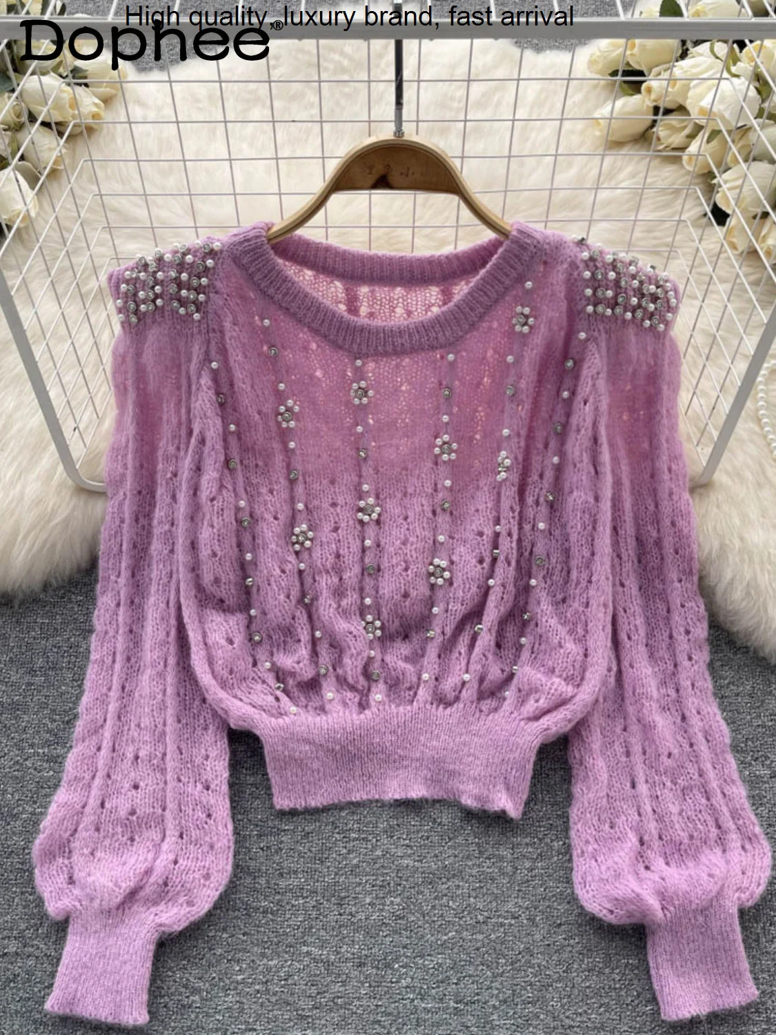 Rhinestone Retro Beaded Purple Sweater Women Sexy Cutout Round Neck Bubble Long Sleeve Knitwear Jumper Top Autumn Winter Clothes